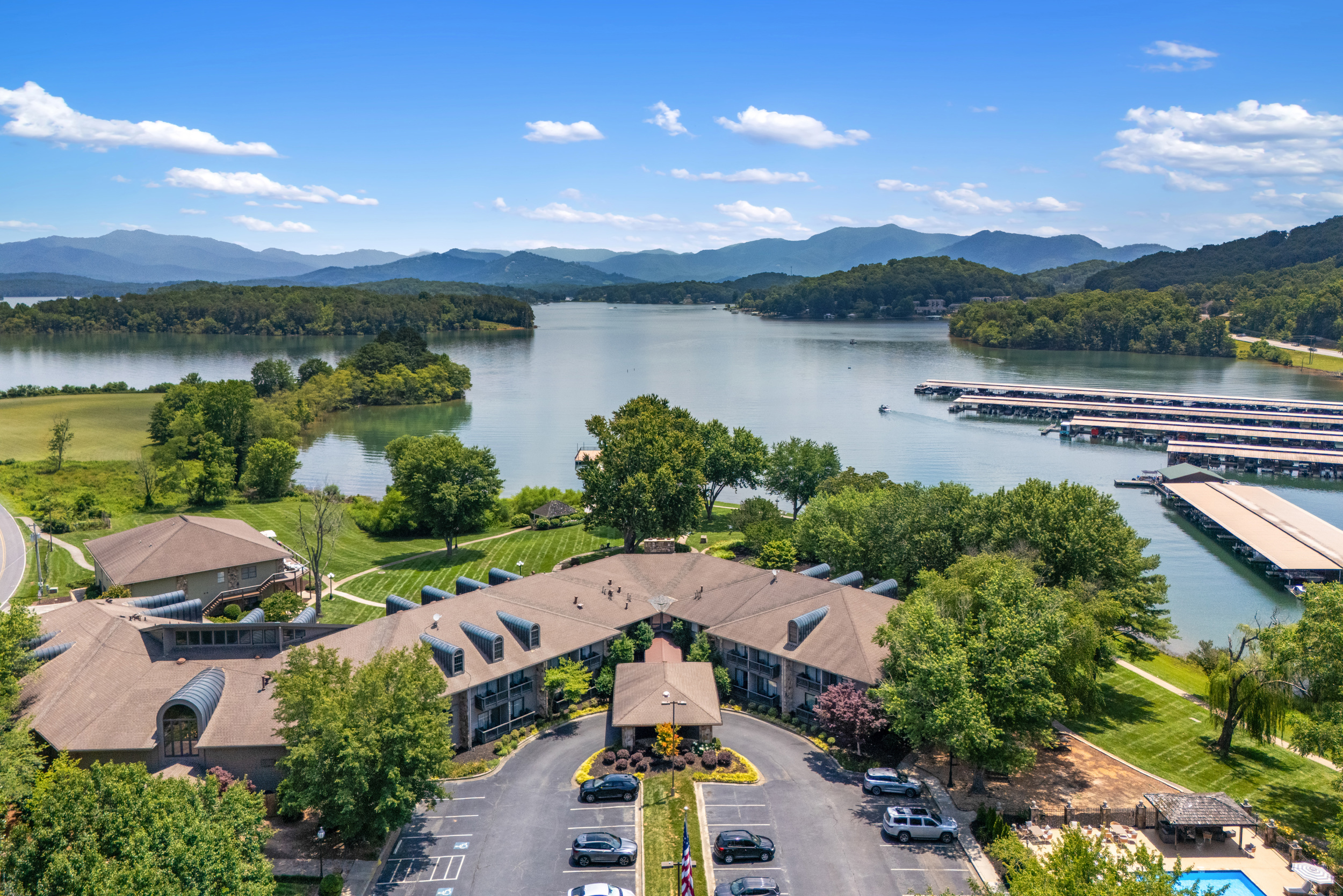 Ridges Aerial Lake Shot "Lakeside wedding venue on Lake Chatuge at The Ridges Resort in Hiawassee, North Georgia."